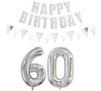 Ballons en forme de chiffre 60 argent + guirlande Happy Birthday + bannière ballon gonflable 60e anniversaire décoration femme homme 60 ans anniversaire