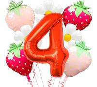 Ballons en mylar rouge en forme de chiffre 4 pour décoration d'anniversaire sur le thème des fraises - 101,6 cm - Ballon fraise pour décoration d'anniversaire sur le thème des fraises