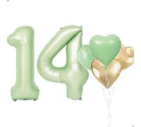 Ballons géants en forme de chiffre pour décoration de 14e anniversaire - 101,6 cm - Vert sauge - Pour filles et femmes - Rétro vert doré - Feuille Mylar - 14 ans - Décoration de fête