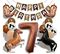 Ballons marron en forme de cheval de cowboy avec 7 ballons en forme de chiffre « Happy Birthday » - Ballons en latex imprimé vache pour décorations de fête d'anniversaire de cowboy occidental