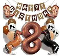 Ballons marrons en forme de cheval de cowboy avec 8 ballons en forme de chiffre « Happy Birthday » - Ballons en latex imprimé vache pour décorations de fête d'anniversaire de cowboy occidental