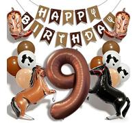 Ballons marrons en forme de cheval de cowboy - Bannière « Happy Birthday » - Ballons en latex imprimé vache pour décorations de fête d'anniversaire de cowboy occidental