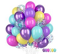 Ballons Métalliques Violet Turquoise, 60 Ballons Hélium Rouge Roses Jaunes Mats Violets, Ballons avec Confettis Colorés Bleu Violet pour Baby Shower Filles Anniversaire Mariage Femmes Sirène Fête
