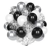 Ballons Noir Blanc Argent, 60 Pcs 12 Pouces Fête Métallisé Ensemble avec Confettis pour Anniversaire Mariage Baby Shower Remise Diplômes Décoration