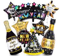 Ballons Nouvel An 2026, 9 Géant Décoration de Nouvel Feuille Aluminium Ballons, Happy New Year Ballon, XXL Noir Doré champagne Helium Ballon pour Année 2026 Décorations Nouvelle Fête Enfants