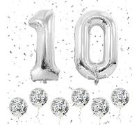 Ballons numéro 10 argent, grands ballons numérotés 1 et 0 de 40 pouces avec 6 ballons à confettis argent à l'hélium, 1er 10e anniversaire pour filles garçons fêtes occasions romantiques d'anniversaire