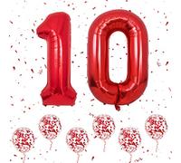 Ballons numéro 10 Rouge, grands ballons numérotés 1 et 0 de 40 pouces avec 6 ballons à confettis Rouge à l'hélium, 1er 10e anniversaire pour filles garçons fêtes occasions romantiques d'anniversaire