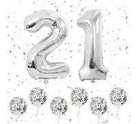 Ballons numéro 21 argent, grands ballons numérotés 1 et 2 de 40 pouces avec 6 ballons à confettis argent à l'hélium, ballon 21e 12e anniversaire pour filles garçons fêtes romantiques d'anniversaire