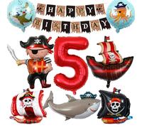 Ballons Pirate Anniversaire 5 Ans - Géant Crâne Bateau, Set Garçon, Ronds d'Animaux Océan en Aluminium pour Enfants Fête Décoration