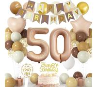 Ballons rétro en forme de chiffre 50 en aluminium pour décoration de gâteau - Motif chiffre 50 - Marron beige crème - Avec étoiles et cœurs - Décoration de gâteau