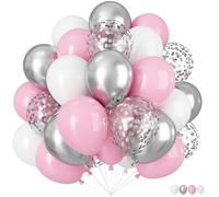 Ballons roses, blancs et argentés, 60 ballons à l'hélium roses, blancs et argentés, ballons métallisés argentés, ballons en latex roses, blancs et argentés, guirlande de ballons pour anniversaire