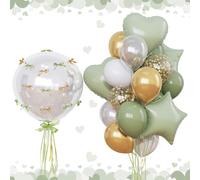 Ballons vert sauge et doré en forme de cœur et d'étoile pour décoration de fête prénatale, fête prénatale, confettis dorés métallisés de 45,7 cm pour décoration de fête d'anniversaire, de fiançailles