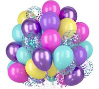 Ballons Violet Rose Bleu Jaune, 60pcs Latex Ballons Rose Bleu Jaune avec Confettis, Métallisé Ballons Violet, Ballons Multicolores pour Décoration Anniversaire Mariage Fête Arche Ballon Baptême