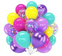 Ballons Violet Turquoise Rose, 60 Pièces Ballons Métalliques Violet Rose Bleu Jaune avec Ballon Confettis Violets, Ballon de Baudruche Latex Colorés pour Thème Magique Anniversaire Mariage Décoration