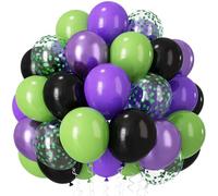 Ballons violets et verts en latex pour garçons - 30,5 cm - Vert citron fluo métallisé violet noir avec confettis - Ballons de fête d'Halloween sur le thème des héros, monstres, camions, voitures de