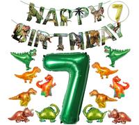BALLOON TOWN Ensemble de décoration de fête d'anniversaire dinosaure, ballons en forme de chiffre 7 en vert et 40,6 cm doré, 6 dinosaures en feuille métallique, guirlande en papier de 18,5 cm, à
