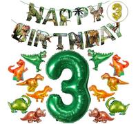 BALLOON TOWN Ensemble de décoration de fête d'anniversaire dinosaure en forme de chiffre 3 de 101,6 cm vert et doré de 40,6 cm, 6 dinosaures en feuille métallique, guirlande en papier de 18,5 cm, à