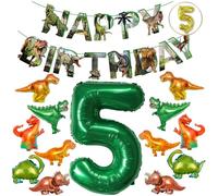BALLOON TOWN Ensemble de décoration de fête d'anniversaire dinosaure en forme de chiffre 5 de 101,6 cm vert et doré de 40,6 cm, 6 dinosaures en feuille métallique, guirlande en papier de 18,5 cm, à