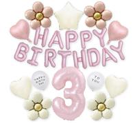 BALLOON TOWN Guirlande de ballons roses « Happy Birthday » avec ballons à fleurs classiques, cœurs et étoiles - Élégante décoration de fête d'anniversaire pour filles - Comprend un ballon chiffre 3 de