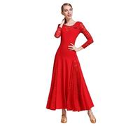Ballroom Dancing Performance Costume Waltz Foxtrot Tango Competition Long Sleeved Dresses Adults Modern Big Swing Dress(Red,M)