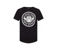 Balmain, Homme, Tops, Noir, Taille: 2XL T-shirt en coton avec logo en velours - Noir classique