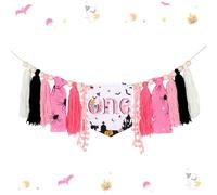 Balterever Bannière de chaise haute d'Halloween effrayante pour filles - Rose et noir - Décorations de fête d'Halloween - Bannière fantôme pour 1er anniversaire - Fournitures de fête effrayantes