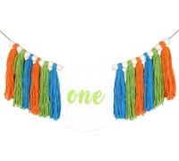 Balterever Bannière de chaise haute orange, bleu, vert avec pompons pour 1er anniversaire - Bannière de chaise haute dinosaure - Orange Bleu Vert - Coton - Perles en bois - Bannière de chaise haute