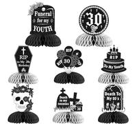 Balterever Décorations de table pour 30e anniversaire - 8 pièces « Rip to My 20 » en nid d'abeille, thème funéraire gothique noir et argenté, décoration de table 3D Mort de ma jeunesse pour 30 ans