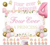 Balterever Ensemble de décoration de fête d'anniversaire de princesse - Bannière rose « Four Ever A Princess », ballon en aluminium chiffre 4, couronne et décorations de cupcakes, décorations de