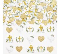 Balterever Lot de 200 confettis de baptême à paillettes dorées pour fête de baptême, fournitures de fête de baptême, croix florale, colombe, décorations de table dispersées pour première