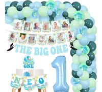 Balterever The Big One Surf Party decor Surf photo Banner The Big One cake tops Blue Surf Theme ballons Garland Surf chaise haute Banner Summer Surf Beach Surf 1er anniversaire