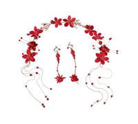 Baluue 1ensemble Élégant Headdress De Mariée Avec Fleurs Et Perles Bandeau Rouge Et Boucles Oreilles Pour Femme