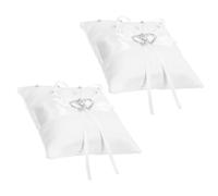Baluue 2 Pièces Coussin Blanc, Léger et Portable avec Nœud Ruban Raffiné Forme Double Coeur Stylisé et Strass Alliance Mariage pour Cérémonies de Fiançailles et Voyages