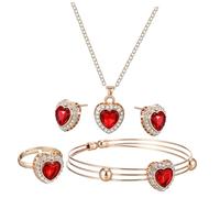 Baluue Bijoux Cœur Rouge Élégant avec Collier Boucles Oreilles Bracelet et Bague Création Féminine Raffinée pour Occasions Spéciales et
