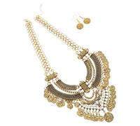 Baluue Ensemble Collier Plastron Vintage à Pièces pour Femme Chaîne Épaisse en Métal Doré Pompon Ethnique Bohème Boucles D’Oreilles Assorties Bijou pour Soirée et Vacances