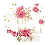 Baluue Ensemble de 4 Peignes à Cheveux Floraux Ornés de Strass, Accessoires de Mariage, Pinces à Cheveux Fleuries pour La Mariée Et Ses Demoiselles D'honneur, Chignons Et Robes de Bal, Rose.