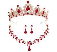 Baluue Ensemble de Bijoux de Mariage pour Mariée Parure Diadème Doré Rouge Collier Pendentif et Boucles d'Oreilles Accessoire Élégant pour Cérémonie Bal et Photo Présent