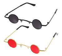 Baluue Lot de 2 Lunettes de Soleil Rondes Vintage pour Petits Gabarits, Monture Métal Noir et Rouge, Style Hippie Rétro, Légères et Compactes, pour Fêtes, Soirées et Cosplay