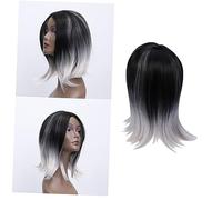 Baluue Perruque Femme Synthétique Épaule Dégradé Noir Et Gris Coiffure Droite Avec Frange Tige Ajustable Et Confortable