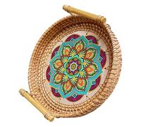 Baluue Plateau Tressé en Rotin à Motif Mandala Plateau de Service Rond 24x3 Cm Corbeille Cuisine et Petit-déjeuner Artisanal Multifunctionnel