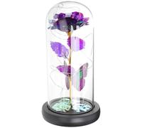 Baluue Rose Éternelle sous Cloche en Verre Décor Doré et Lumière Chaude, Fleur Stabilisée Violette, Décoration Intérieure Romantique pour Saint-Valentin et Présent D’Anniversaire