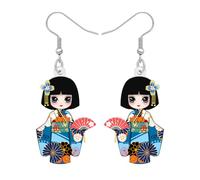BAMAY Acrylique Japonais Animé Kimono Kokeshi Poupée Boucles d'oreilles Mignon Kawaii Stuff Accessoires Japonais Cadeaux pour les Amoureux du Japon Bijoux de Costume pour Femmes Filles (Bleu)
