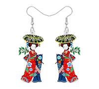 BAMAY Acrylique Japonais Animé Kimono Kokeshi Poupée Boucles d'oreilles Mignon Kawaii Stuff Accessoires Japonais Cadeaux pour les Amoureux du Japon Bijoux de Costume pour Femmes Filles (Rouge)