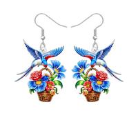 BAMAY Boucles d'oreilles pendantes en acrylique avec panier de fleurs bleu - Décoration florale - Bijoux d'été - Cadeau de jardin pour femme - Jardiniers - Amoureux des oiseaux, M, Acrylique, Pas de