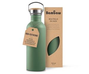 Bambaw Bouteille d'eau en acier inoxydable - 750 ml - Vert - Non isolé - Bouteille de sport 750 ml - Bouteille d'eau réutilisable - Vert sauge