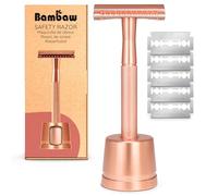 Bambaw Rasoir de Surete Femme en Métal avec Socle et 5 Lames de Rechange en Acier Inoxydable Suédois, Rasoir de Sécurité Femme, Convient à Tous les Types de Peau, Pour un Rasage Délicat (Or Rose)
