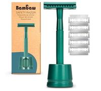 Bambaw Rasoir de Sureté Homme en Métal avec Socle et 5 Lames Rasoir de Sécurité de Rechange, Rasage Mécanique Précis et Propre, Convient à Tous les Types de Peau (Bleu Vert)