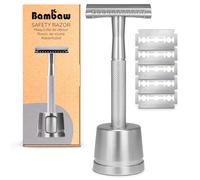 Bambaw Rasoir de Sureté Homme & Femme en Métal avec Socle et 5 Lames de Rechange, Rasoir Femme Reutilisable au Design Équilibré, Rasage Manuel Précis pour le Visage & le Corps (Argenté)