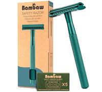 Bambaw Rasoir Une Lame avec 5 Lames de Rechange en Acier Inoxydable Suédois, Rasoir de Sûreté en Métal avec Manche Antidérapant, Pour un Rasage de Près Précis & Confortable (Bleu Vert)