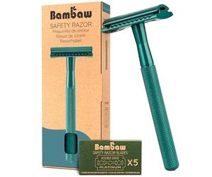 Bambaw Rasoir Une Lame avec 5 Lames de Rechange en Acier Inoxydable Suédois, Rasoir de Sûreté en Métal avec Manche Antidérapant, Pour un Rasage de Près Précis & Confortable (Bleu Vert)